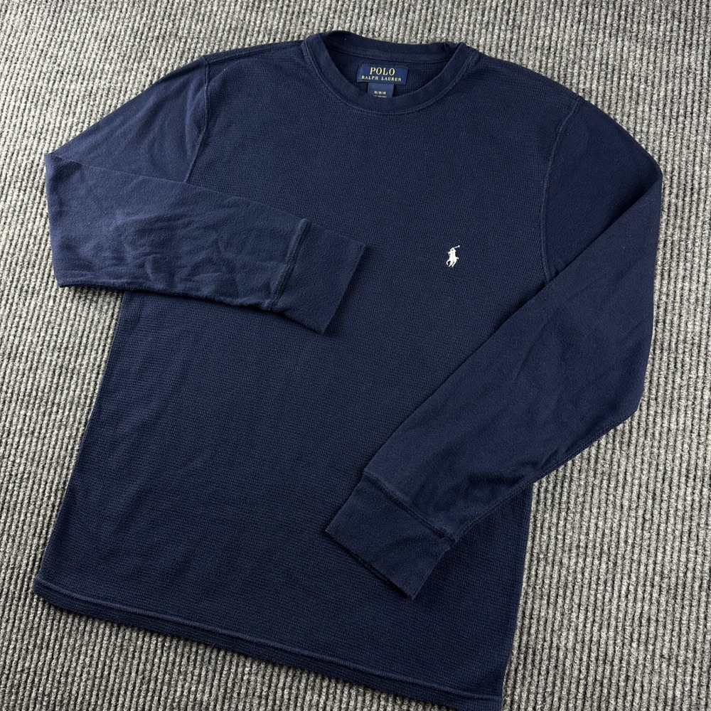 Polo Ralph Lauren Mens Navy Blue Waffle Knit Thermal Long Sleeve Shirt Medium